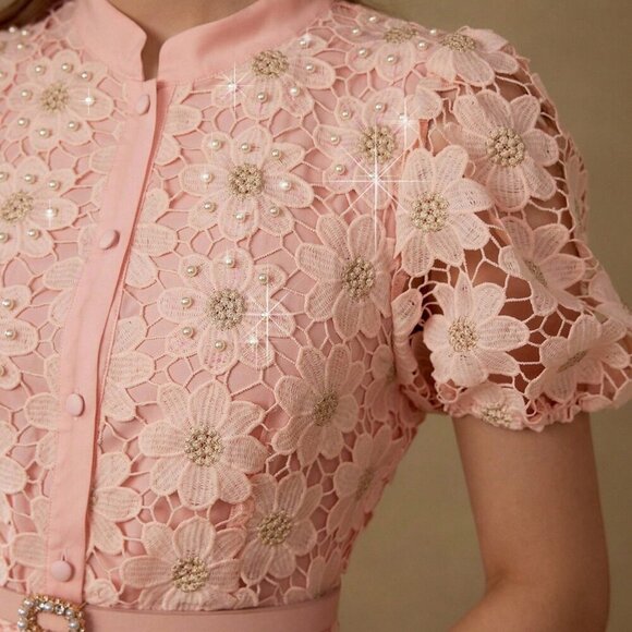 Pink Elegant Women's Floral Embroidered Puff Sleeve Fitted waist dress - Picture 3 of 7